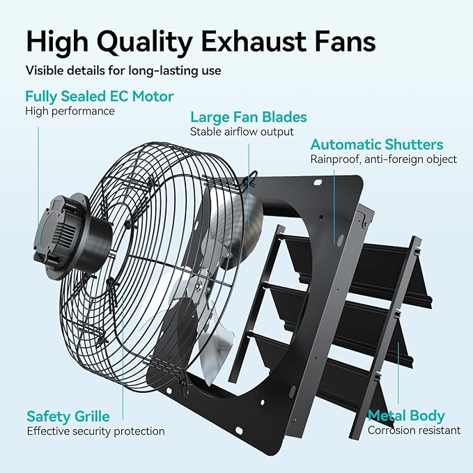 addlon 10 Inch Shutter Exhaust Fan Wall Mounted with EC Motors and Remote Control, Timer, 8 Speeds, 850CFM, Low Noise, Easy to Install, Plug in Ventilation Fan for Garages, Shops, Greenhouse, Attic