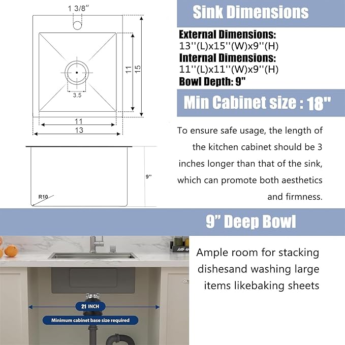 13x15 Inch Black Bar Sink Drop In Kitchen Sink, Topmount Stainless Steel Square Small Workstation Sinks, Single Bowl Kitchen Sinks for Laundry Wet Bar Prep RV Office Outdoor Yard,VALISY JB029B