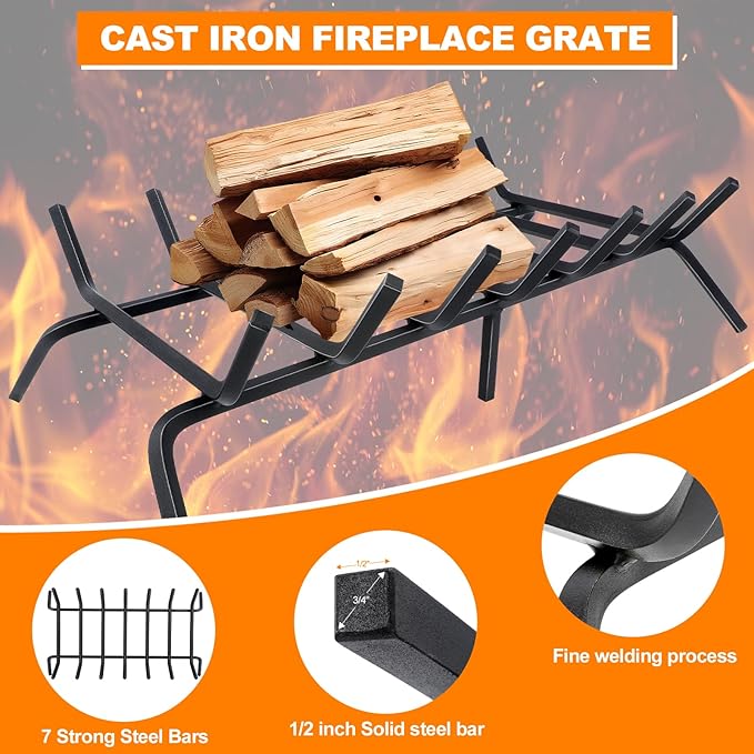 Fireplace Grate,Fireplace Log Holder,30 inch Heavy Duty Solid Cast Iron FIrewood Log Burning Rack for Inside The Fireplace Accessories Outood Fire Pit Kindling Fireplace Tools