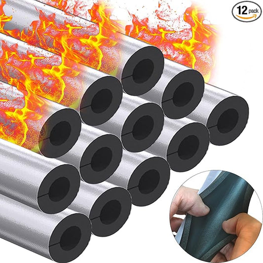 12 Pack Pipe Insulation Foam Tube, 3/4'' Self Adhesive Pre Slit Foam Pipe Covers Polyethylene with Aluminum Foil for Spigot, Winter Outside Pipes, Sprinkler, Water Heater Pipes Freeze Protection