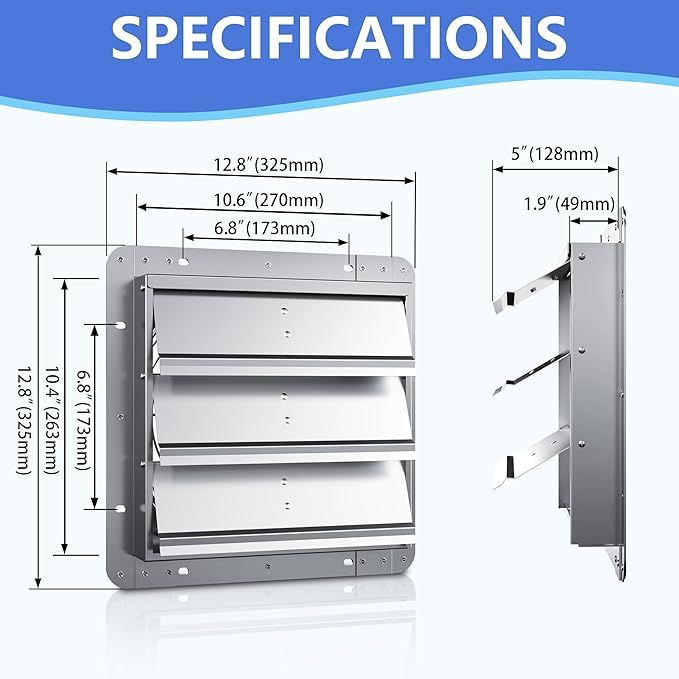10 Inch Galvanized Shutter Exhaust Louver Vent, Automatic Gravity Shutter Louver Vent for Home Attics, Workshops, Barn, Greenhouse (Motor&Blades are not Included)