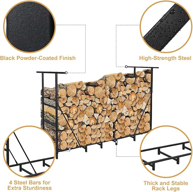 Vailge Firewood Rack Outdoor 6FT with Waterproof Firewood Carrier Bag, Adjustable Heavy Duty Steel Firewood Holder Storage, Log Rack for Fireplace, Fire Pit, Backyard, Camping
