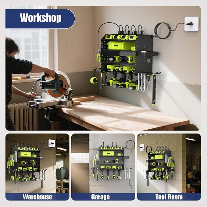 Heavy Duty Power Tool Organizer Wall Mount with Charging Station, 4 Layer Garage Storage Adjustable Shelves Height, Holds 4 Drills, 2 Hooks, Screw & Screwdriver box, Gifts for Fathers Day, Anniversary