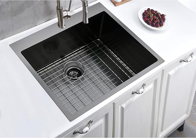 25 x 22 Inch Black Kitchen Sink, Topmount Drop In Stainless Steel Single Bowl Kitchen Sink, 16 Gauge Extra-Thick Modern Bar Prep RV Laundry Sinks with Dish Grid and Basket Strainer