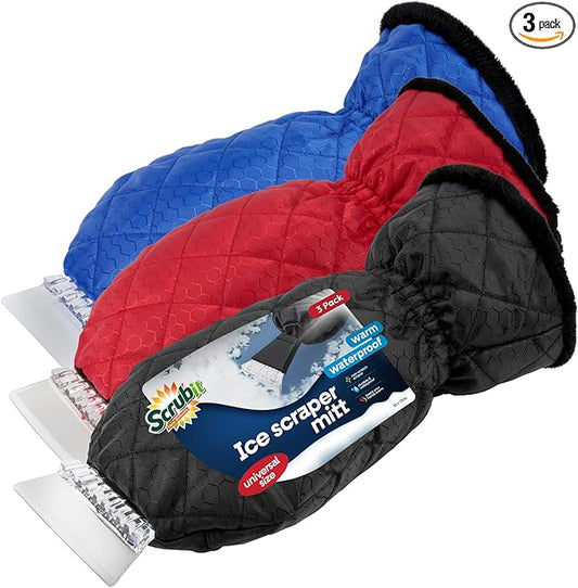 SCRUBIT [3 Pack Ice Scraper with Glove - Car Windshield Scraper for Ice and Snow w/Fleece Mitt - Scrape and Remove Snow While Staying Warm - Waterproof Car Scraper Snow Brush (Black, Blue, Red)