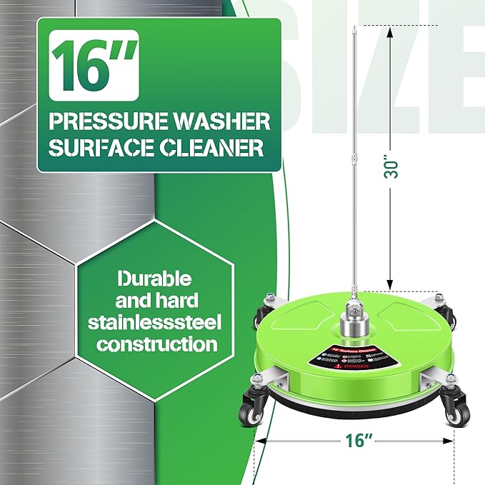 16'' Pressure Washer Surface Cleaner with 4 Wheels - Stainless Steel Surface Cleaner for Pressure Washer Attachment for Concrete, Driveway, Patio, Sidewalk, Deck and Driveways
