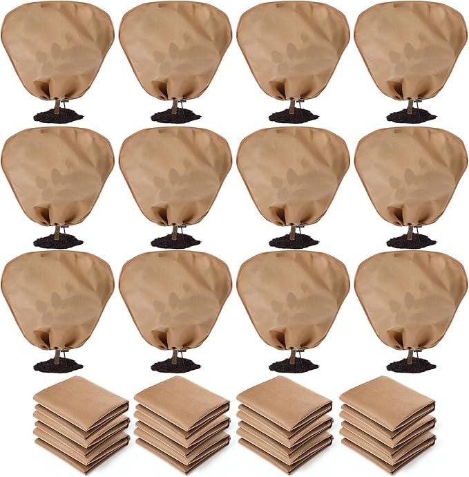 12 Pcs Winter Plant Covers Freeze Protection Reusable Plant Protector Bag with Drawstring Warm Shrubs Cover Frost Protection Planting Jacket Bags for Outdoor Garden, Brown (31.5 x 47.2 Inch)