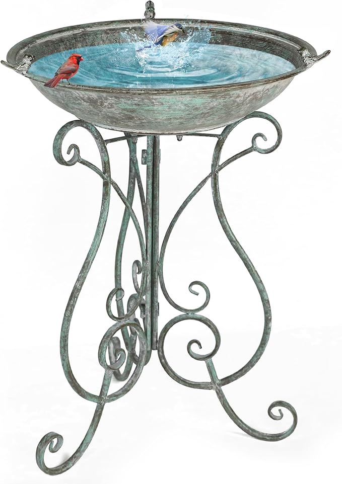 Solution4Patio 19.3" x 26.4" Vintage Metal Bird Bath for Outside - Foldable Garden Decor with Cast Iron Bird, Stable Birdbath Bowl & Feeder