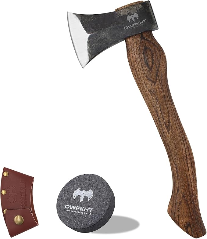 15.3" Hatchet, Splitting Axe with 1065 High Carbon Steel, Camping Hatchet with Beech Wooden Handle and Leather Sheath, Chopping Axe for Wood Splitting and Kindling