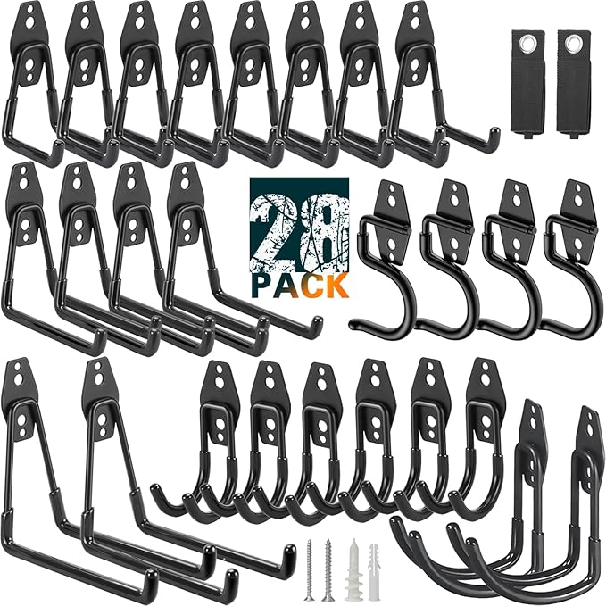 28 Pack Heavy Duty Garage Hooks, Utility Wall Mounted Storage System, with Anti-Slip Coating Hanger, for Hanging Power and Garden Tools, Ladders, Bikes, Ropes and Bulk Items
