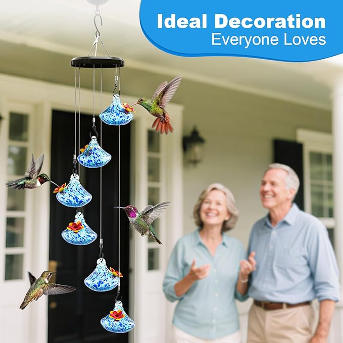 Wind Chimes Hummingbird Feeders, Hummingbird Feeders for Outdoors with 6 Glass Balls, Leak-Free, Perfect Garden Decor for Window Garden Patio, Ideal Gift, Blue