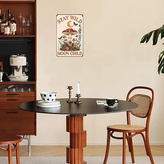 Metal Sign Mushroom Stay Wild Moon Child Funny Tin Sign for Home Cafe Bar Garden Yard Outside Wall Decor 12×8 Inch