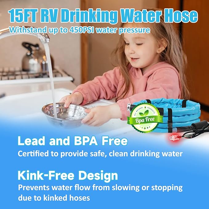 OEBLD Heated Water Hose for Rv (15ft L x 5/8"ID) 4.0 Upgraded Function with Energy Saving Thermostat to Keep Drinking Water Running in down to -45℉, Designed for Campers,with Storage Bag, Anti-Freeze