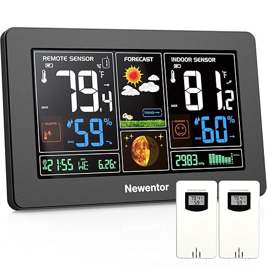Newentor Weather Station Wireless Indoor Outdoor Thermometer, Color Display Digital Weather Thermometer with Atomic Clock, Barometric Pressure, Forecast Station with Adjustable Backlight,Black,2Sensor