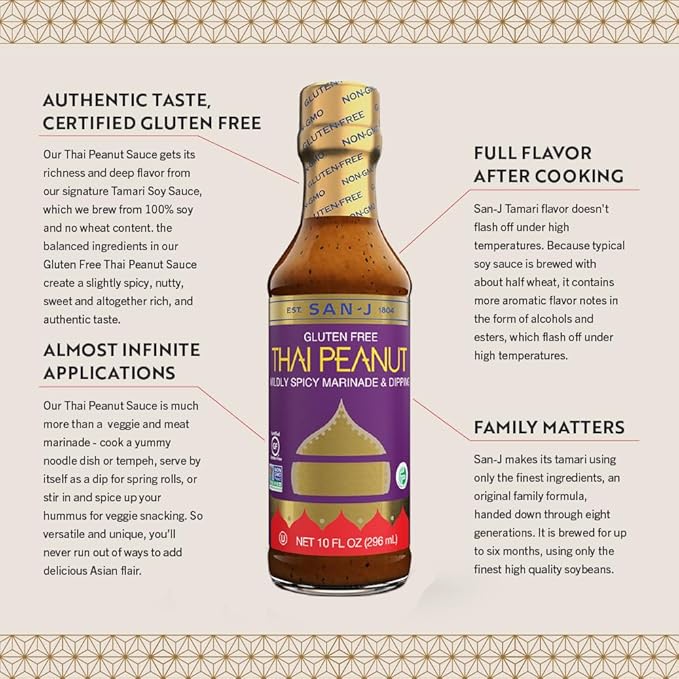 San-J - Gluten Free Thai Peanut Sauce -Traditional and Tasty Cooking Sauce - Non-GMO - 10 oz. Bottle
