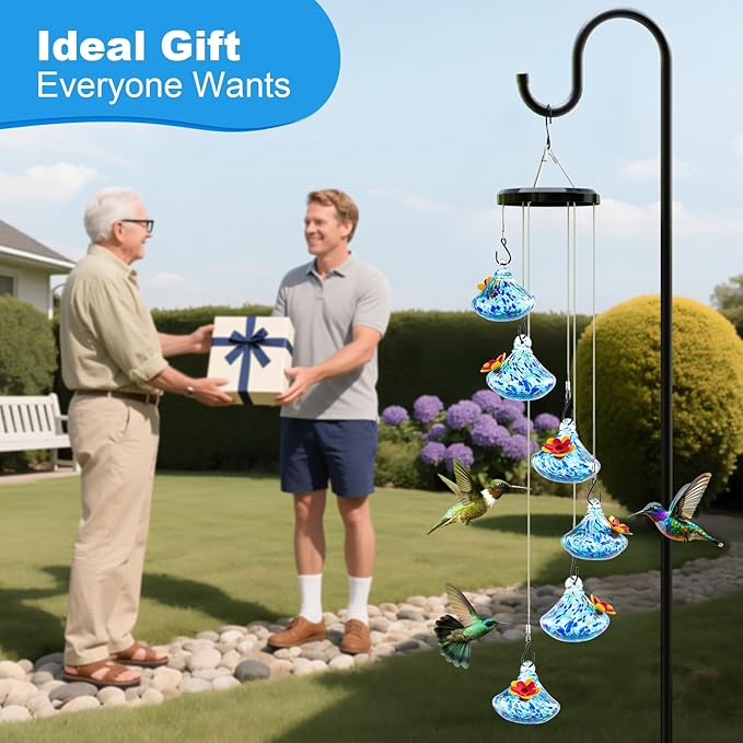 Wind Chimes Hummingbird Feeders, Hummingbird Feeders for Outdoors with 6 Glass Balls, Leak-Free, Perfect Garden Decor for Window Garden Patio, Ideal Gift, Blue