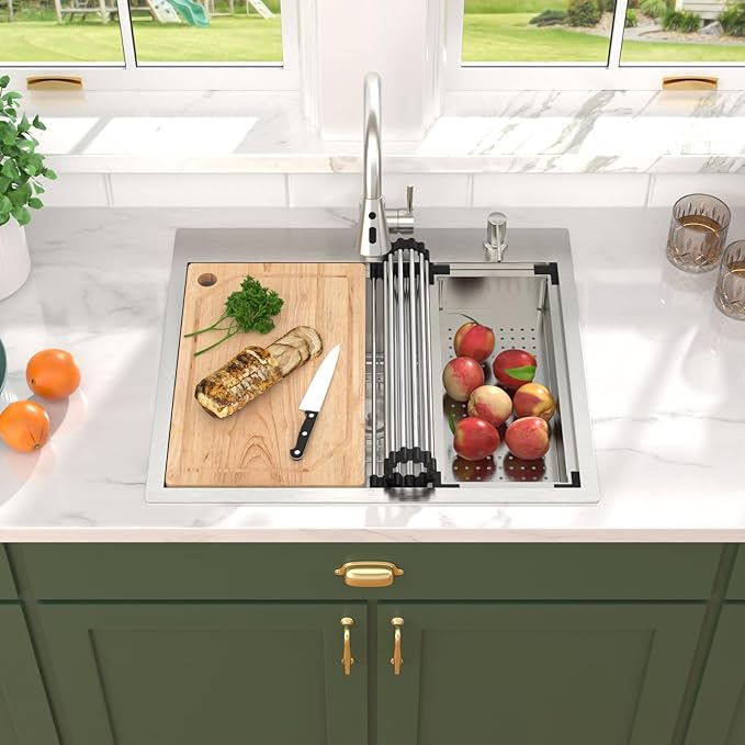 25" Drop In Kitchen Sink with Faucet Combo - 25x22 Kitchen Sinks Drop In and Faucet Combo Set Workstation 16 Gauge Stainless Steel Topmount Single Bowl Over Counter Sinks Basin #TLT-0018