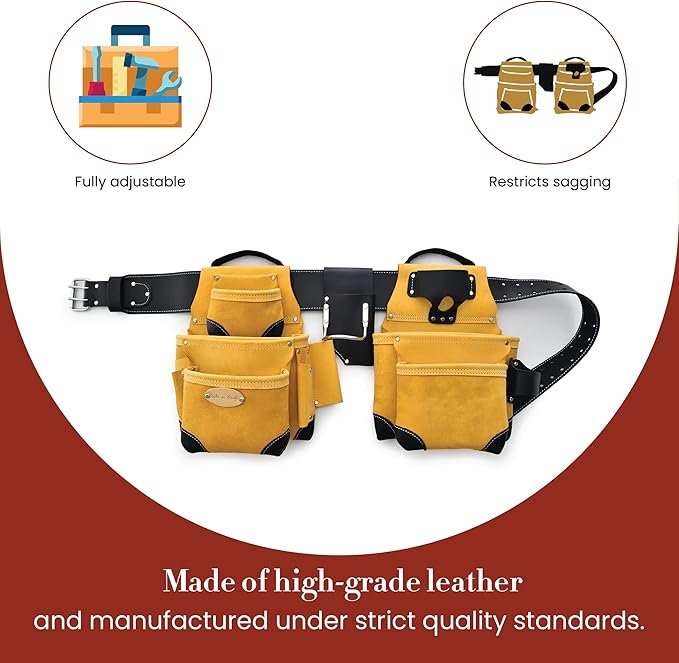 Style n Craft 4-Piece and 17-Pocket Pro Framer’s Combo, Tool Belt with 2 Tool Pouches and 1 Pliers and Hammer Holder, Full-Grain Leather Tool Belt Combo, Yellow with Black Leather Corners (93414)