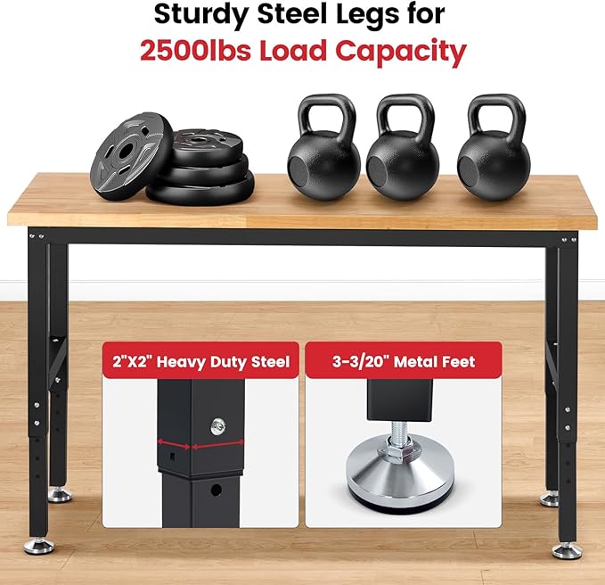 Work Bench for Garage Workbench Adjustable Height Work Table with Pegboard for Shop Woodworking, 60 x 22 Heavy Duty Rubber Wood Top for Office, Home, Commercial