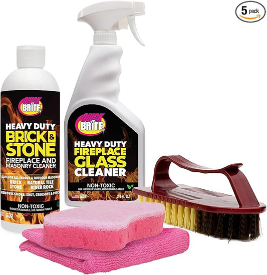 Quick ‘n Brite Fireplace Cleaning Kit – Includes 24oz Fireplace Glass Cleaner, 16 oz Gel Fireplace Cleaner, Scrub Brush, Sponge and Microfiber Towel