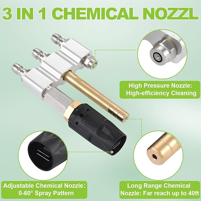 3 in 1 Downstream Soft Wash Chemical Nozzle, M5 Twist Nozzle Shooter Tips, 0-60°Adjustable Spray Pattern, for 1700-6000PSI, 3-7 GPM Pressure Washer, with 1/4 inches Quick Connect