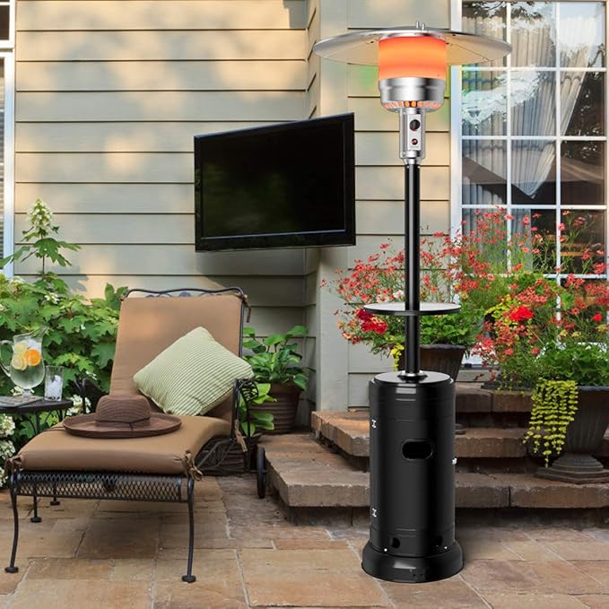 Tangkula 50,000 BTU Propane Patio Heater with Wheels, Outdoor Heaters for Patio with Shelf Tabletop, Stainless Steel Burner, Auto Shut Off & Tip-Over Protection, Portable Patio Heaters for Outdoor Use