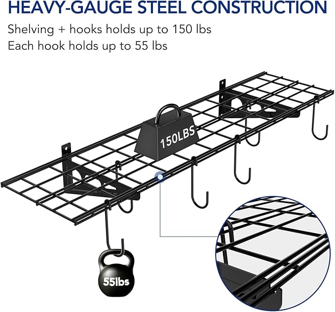 FLEXIMOUNTS Garage Wall Shelving, 1x4 ft, Includes 6 Bike Hooks, Wall Shelf Garage Organization System w/Bike Hangers, Storage Rack, Floating Shelves, 150 lbs Weight Capacity (1 Pack)
