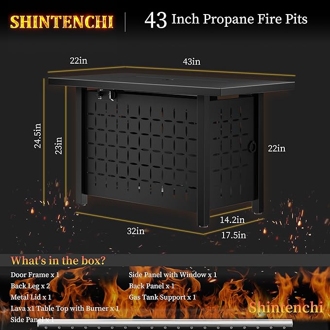 Shintenchi 43 Inch Fire Pit Table, 50,000 BTU Outdoor Propane Fire Table, Outdoor Steel Propane Fire Pit with Lid and Lava Rock for Garden, Yard, Camping, Pool Use, Black
