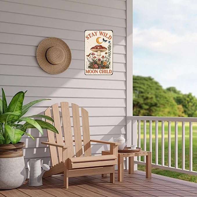 Metal Sign Mushroom Stay Wild Moon Child Funny Tin Sign for Home Cafe Bar Garden Yard Outside Wall Decor 12×8 Inch
