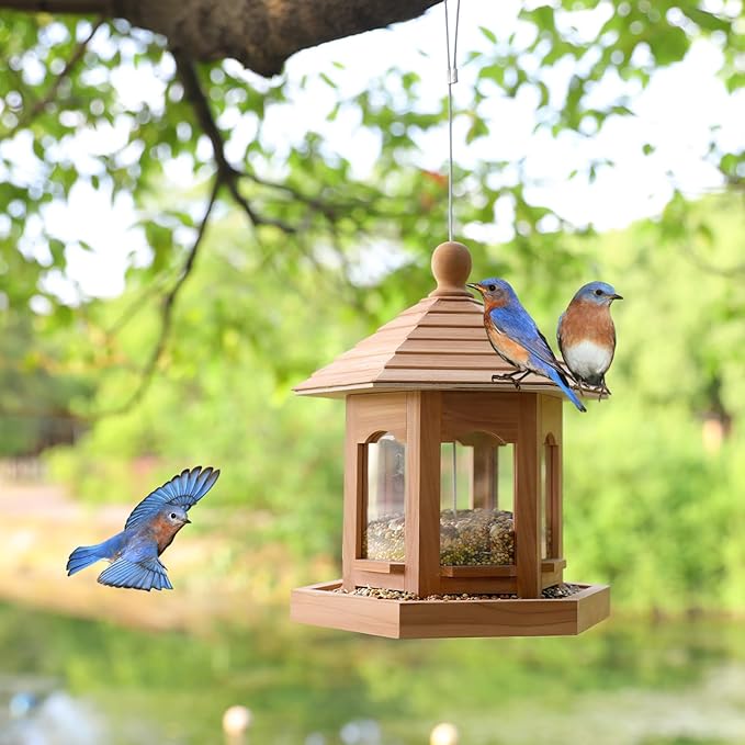 Wooden Bird Feeder for Outdoors Hanging, Red Cedar Hexagon Shaped Large Capacity, Cardinal Birdfeeder for Garden Decoration Yard, Weatherproof and Durable(Medium)