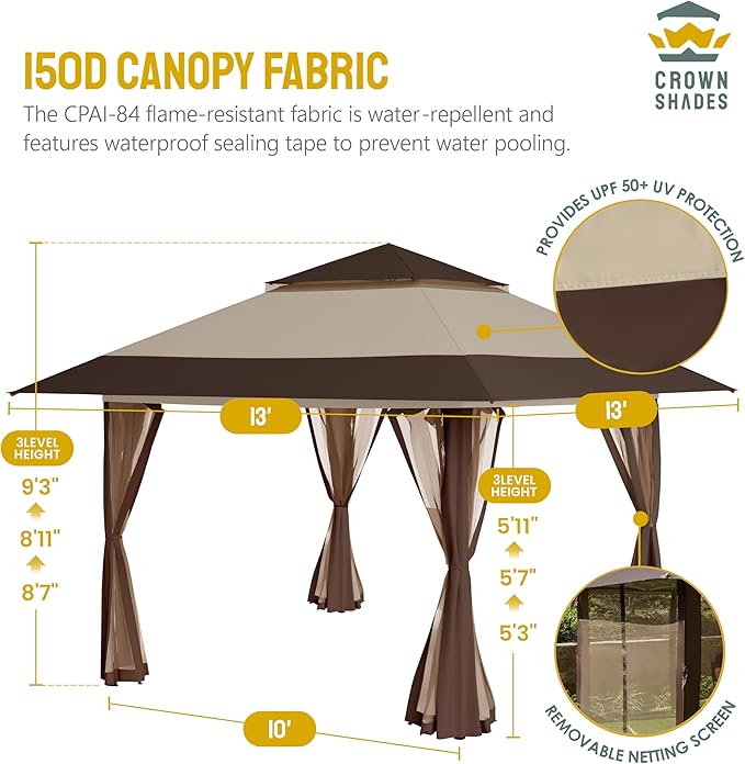 CROWN SHADES 13x13 Pop Up Gazebo, Canopy Tent, Gazebos on Clearance - Outdoor Gazebo for Backyard & Patio Furniture - Carpa Pop Up Tent with Wheeled STO-N-Go Cover Bag (Beige & Coffee)
