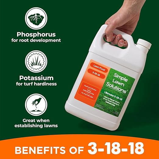 Ultimate 3-18-18 Lawn Food Liquid Fertilizer- Easy to Use Concentrated Spray- Any Grass Type- Summer & Fall - Simple Lawn Solutions- Turf Hardiness & Root Vigor- Phosphorus and Potassium (1 Gallon)