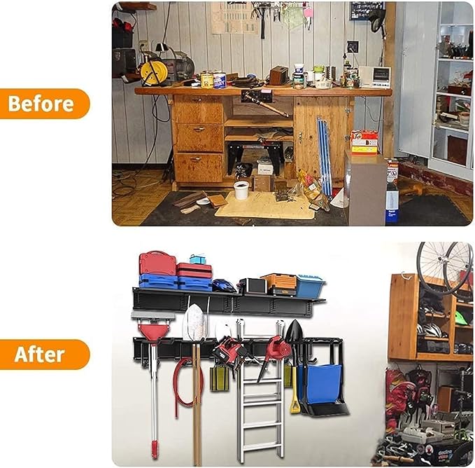 TORACK Garage Storage Organizer Systems, Wall Mount Overhead shelving, 48 inch Heavy Duty Steel Tool Racks, 6-Pack 12'' Double Hooks, 48 inch by 7 inch Floating Shelves, up to 1200Ibs