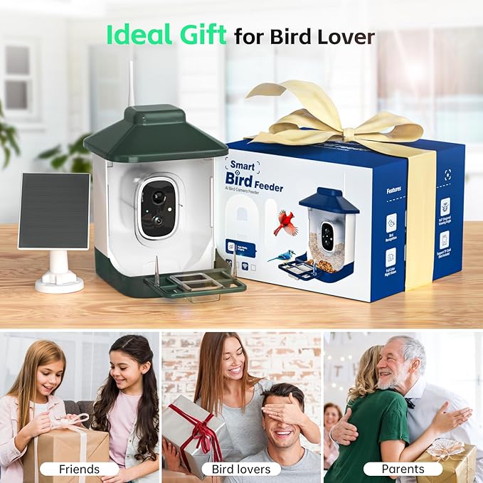 1 Year AI Smart Bird Feeder with Camera, AI Identify Bi rd Species Solar Powered,1080p Live Video Bird Feeder Camera, 2.4Ghz WiFi,Nstant Arrival Alerts - Best Gifts for Bi rd Lover