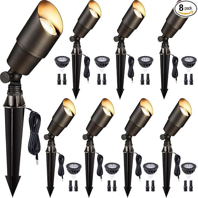 Spot Light Brass - Outdoor Landscape Spotlights 12V, LED Low Voltage Landscaping Uplights, All Weather Hard-Wired Bronze for Backyard Lawn with Day Light Changeable Bulbs (8 Pack)