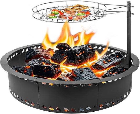 Fire Pit Ring with Grill 31" Fire Ring for Outside Fire Pit,Large DIY Fire Rings for Outside Wood Burning Smokeless Firepit Insert Liner Above/In-Ground Camping Firepit Ring for Outdoor Picnic BBQ