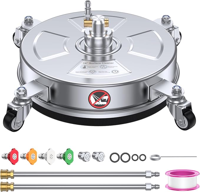 14" Pressure Washer Surface Cleaner 4500 PSI with 304 Industrial-grade Stainless Steel Housing,1/4” Quick Plug, 4 Universal Wheels, 2 x 15" Extended Wands, 2 Replacement Nozzles, 4 Spray Nozzle Tips
