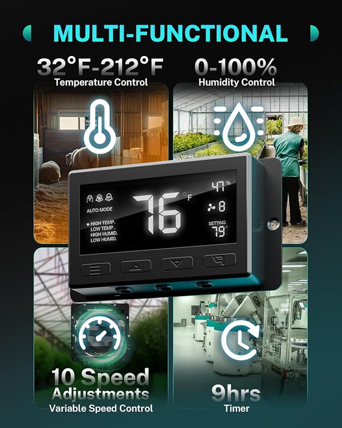 HG Power 14 Inch Attic Fan with Thermostat, Shutter Exhaust Fan with Smart Temperature Humidity Controller, Wall Mounted Greenhouse Fan with EC Motor for Garage, Shed Ventilation, Black