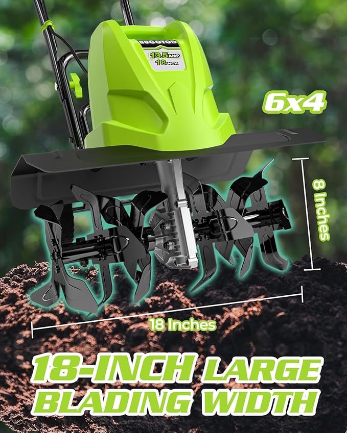 18-Inch 13.5 Amp Tiller/Cultivator with 6 Steel Tines, 3-Adjustable Wheels, Foldable Handle, 8'' Tilling Depth Electric Corded Tillers, Electric Garden Rototiller for Garden Lawn Soil Digging