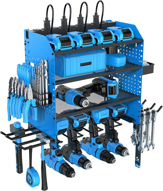 Heavy Duty Power Tool Organizer Wall Mount with Charging Station, 4 Layer Garage Storage Adjustable Shelves Height, Holds 4 Drills, 2 Hooks, Screw & Screwdriver box, Gifts for Fathers Day, Anniversary