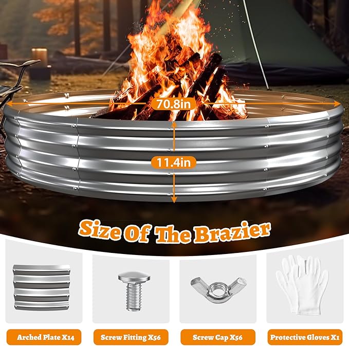 Metal Fire Pit Ring/Bonfire Fire Ring- 6 FT Diameter, 0.7 MM Thick,1 ft High, Durable and Stylish for Outdoor Fire Pits,Patios and Camping (Silver, 6X6X1 ft)