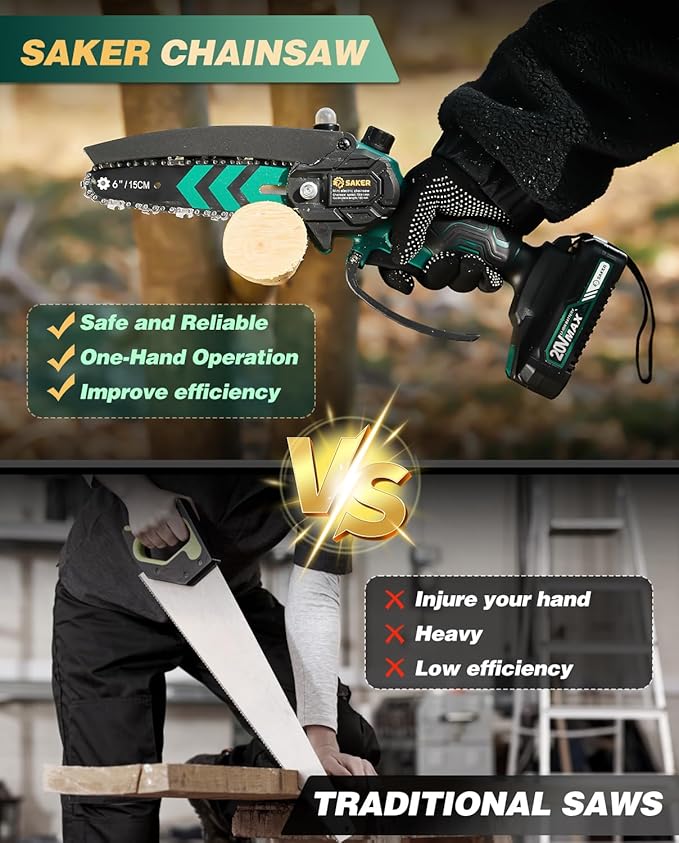 Saker Mini Chainsaw with Auto Oiler|6 Inch Chainsaws[2025 Upgraded]|Mini Cordless Electric Chain Saw|Small Handheld Portable Chainsaw Battery Powered for Tree Trimmer and Garden 2 Batteries+3 Chains