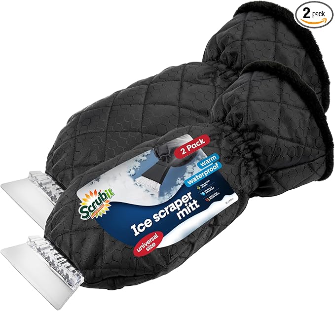 SCRUBIT Ice Scraper with Glove [2 Pack] - Car Windshield Scraper for Ice and Snow w/Fleece Mitt - Quickly Scrape and Remove Snow While Staying Warm - Waterproof - Car Scraper Snow Brush (Black)