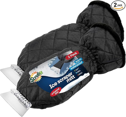 SCRUBIT Ice Scraper with Glove [2 Pack] - Car Windshield Scraper for Ice and Snow w/Fleece Mitt - Quickly Scrape and Remove Snow While Staying Warm - Waterproof - Car Scraper Snow Brush (Black)