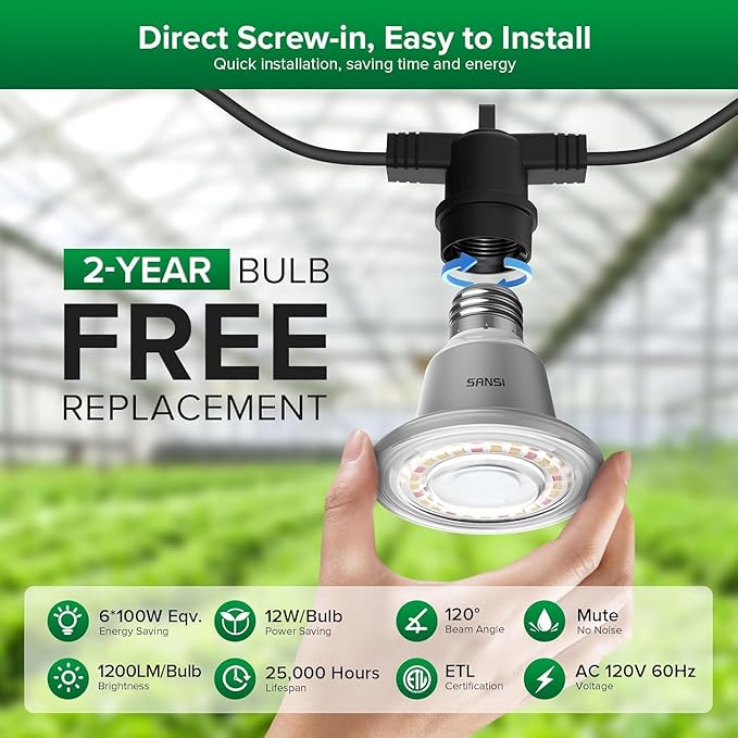 SANSI Outdoor LED Grow Lights,IP65 Waterproof String Grow Light,Full Spectrum 6-Light 72W Upgraded Optical Lens with 22Ft Cord for Veg Seedling,Flower,Greenhouse Indoor or Outdoor