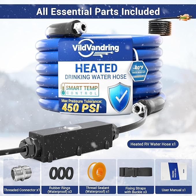 100ft Heated Water Hose for RV, Heated Drinking Water Hose, Features Energy-Saving Thermostat, Water Line Freeze Protection Down to -40°F/-40°C, Heated Garden Hoses with Adapter, Lead and BPA Free