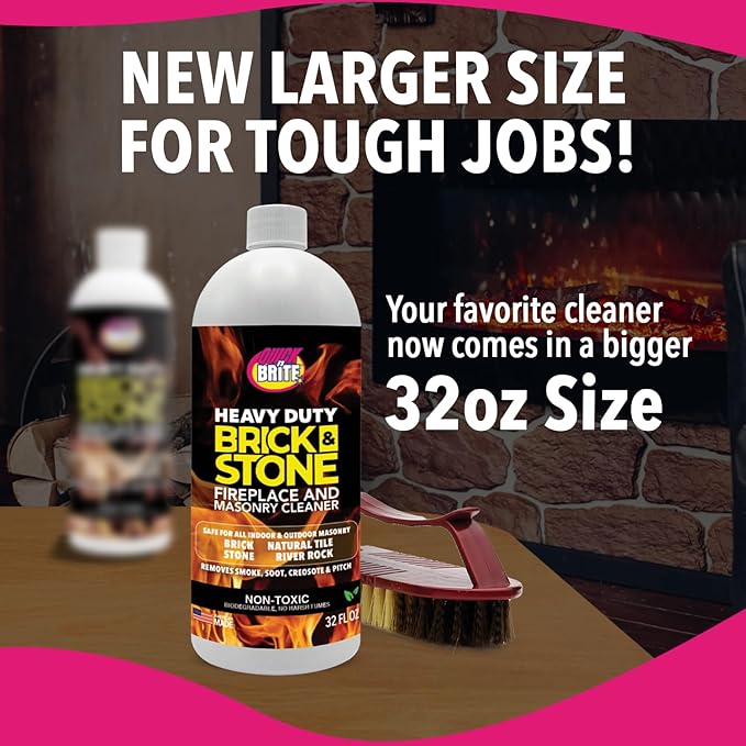 Quick'n Brite Fireplace Brick and Stone Cleaner 32oz with Scrub Brush - Natural Stone, Tile, and Marble Cleaner - Indoor Fireplace and Wood Stove Cleaning Kit - Pellet Stove Creosote Remover