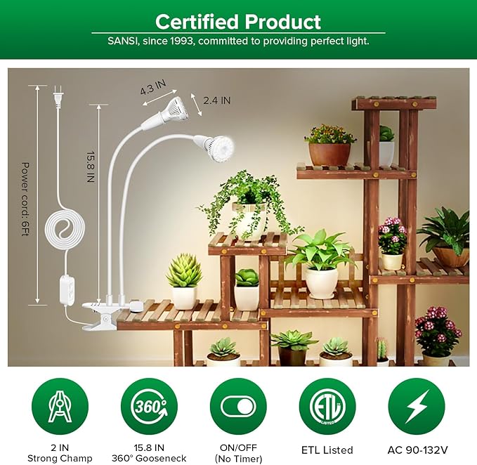 SANSI LED Grow Lights for Indoor Plants, 300W Full Spectrum Clip-on Gooseneck Grow Light with Ceramic Tech.,20W Power Plant Light with Optical Lens for High PPFD, Lifetime Free Bulbs Replacement White