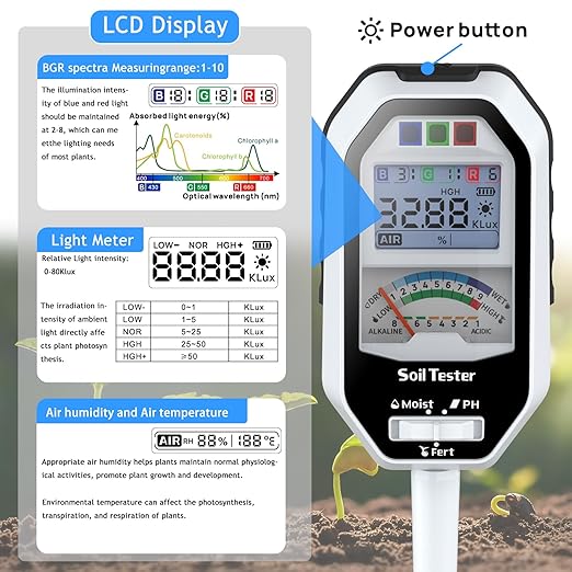 Soil Moisture Meter, 7-in-1 Soil PH Tester/Soil Moisture/Fertility with Removable Probe, Digital Air Temp/Humidity/Sunlight Intensity/BGR Spectral for Plants Gardening, Lawn and Indoor Outdoor Plants