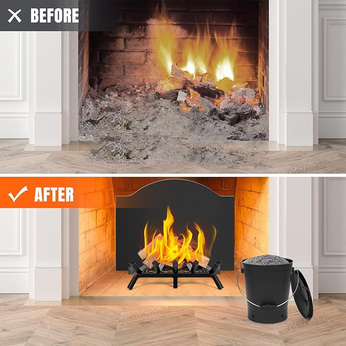 INNO STAGE Ash Bucket with Lid and Wood Handle Coal Shovel, Ash Carrier Pail Fireplace Tools,Fire Pit,Wood Burning Stove Black